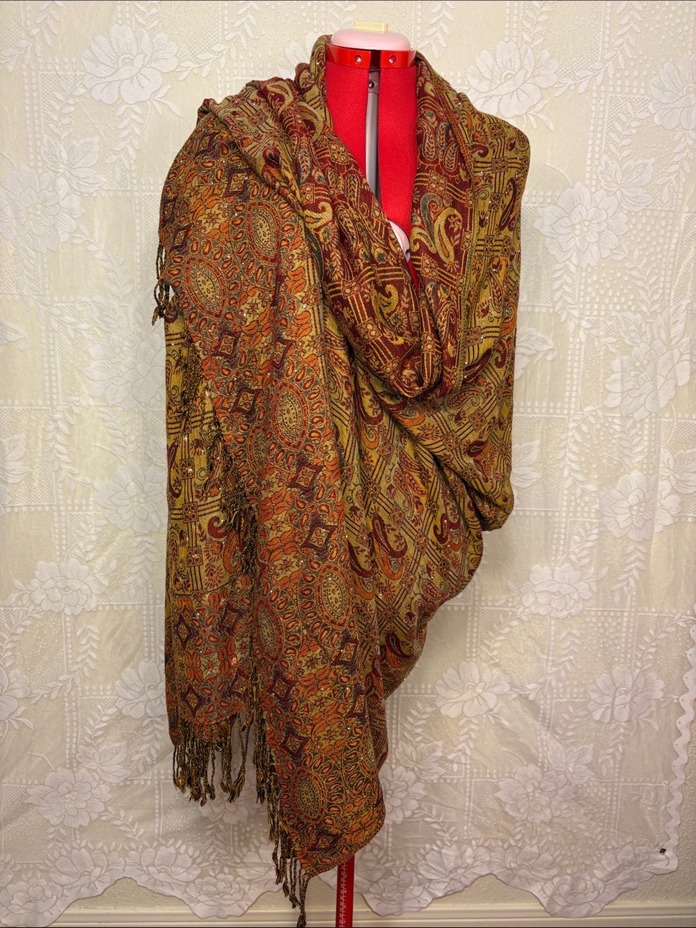 47” X 90” Silver Sparkle Embellished Mustard and Rust Paisley Wrap or Tablecloth - Picture 4 of 9
